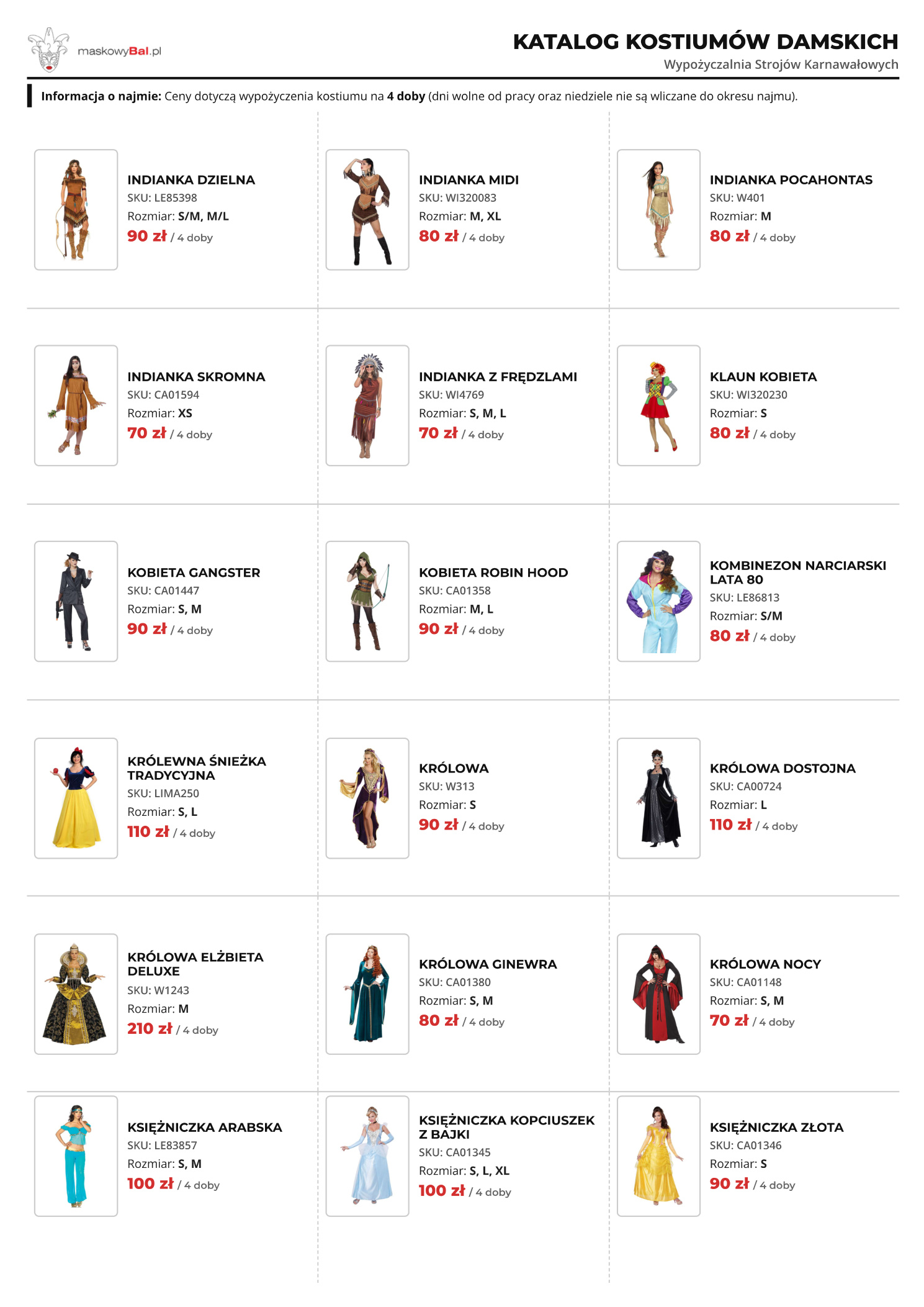 Katalog damski wypożyczalni strojów Maskowy Bal